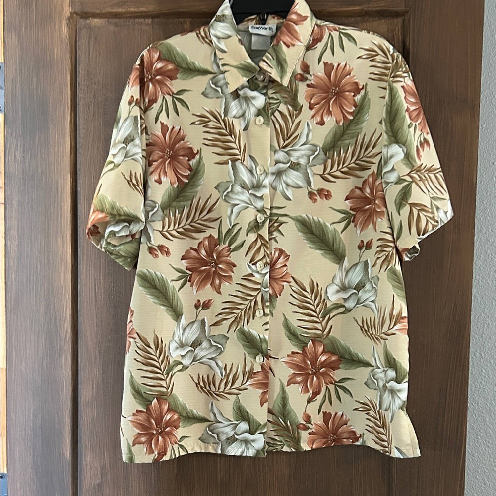 BonWorth Tropical Floral Short-Sleeve Button-Down in Beige, Green & Brown